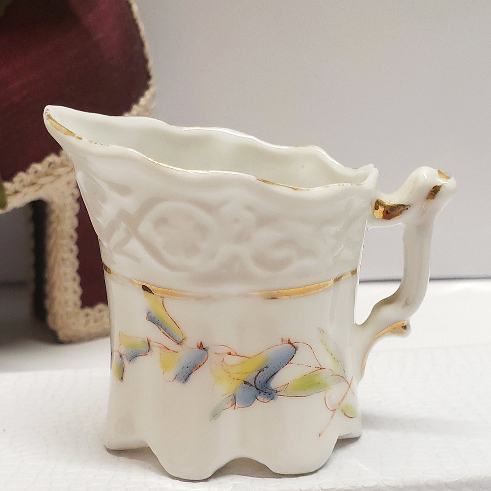 Antique Petite or Childs Blue & Yellow Flower Creamer Pitcher